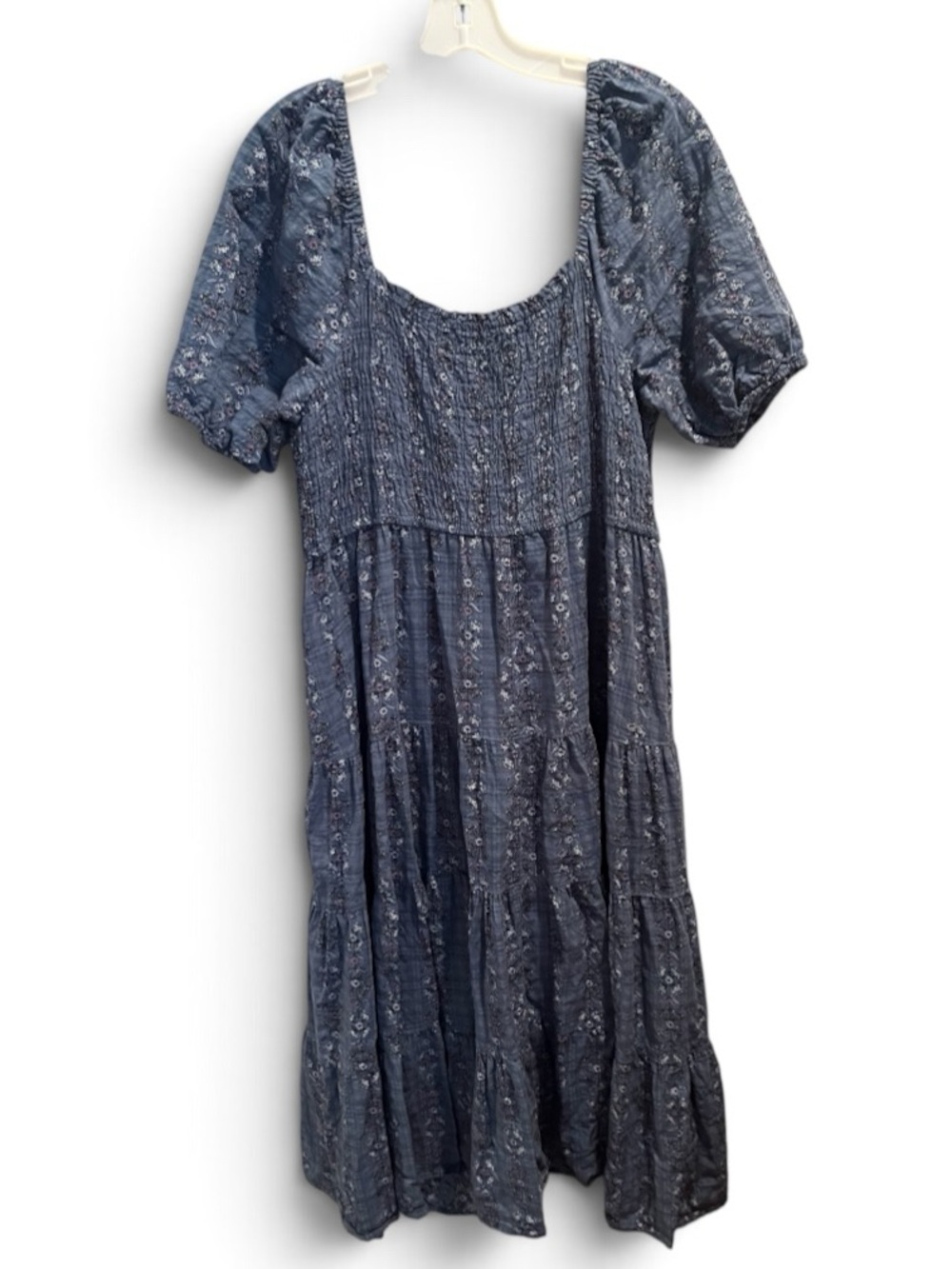 Sonoma Blue Floral Smocked Tiered Dress L Cottagecore Puff Sleeve